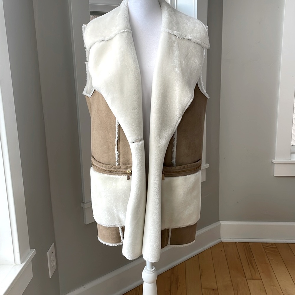 Vintage Cream and Tan Shearling-Lined Vest